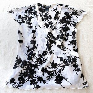 Vintage 90s Black & White Floral Blouse Sheer Short Sleeve
